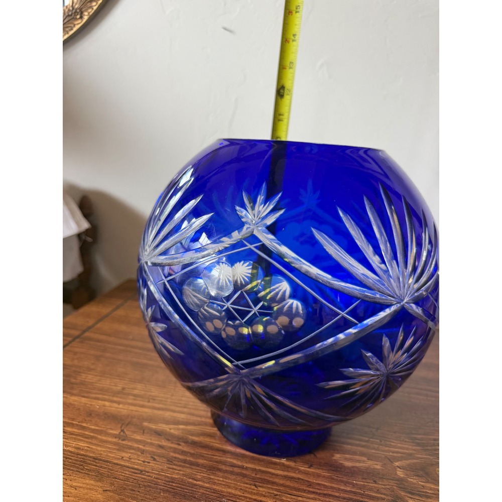 Cobalt Blue Cut to Clear Glass Rose Bowl Vase Star Fan Round Orb Bohemian 6.5" - Picture 9 of 11